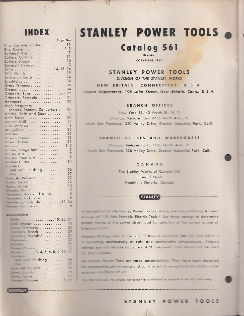 Stanley Power Tools Catalog 561 Revised 1961 with price lists
