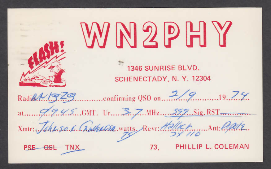 Image for WN2PHY Phillip Coleman 1346 Sunrise Blvd Schenectady NY QSL postcard 1974
