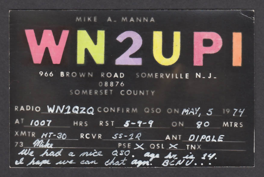 Image for WN2UPI Mike Manna 966 Brown Rd Somerville NJ QSL postcard 1974