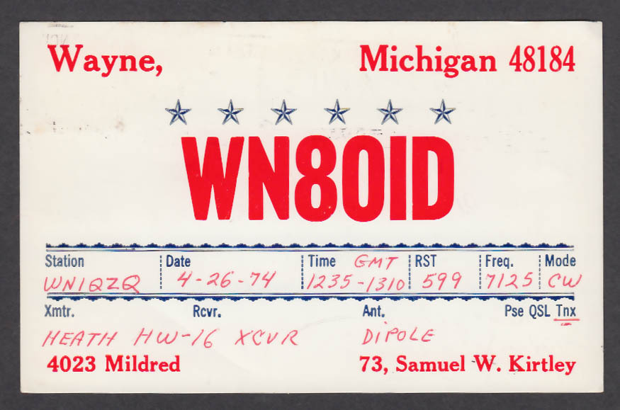 Image for WN8OID Samuel Kirtley 4023 Mildred Wayne MI QSL postcard 1974