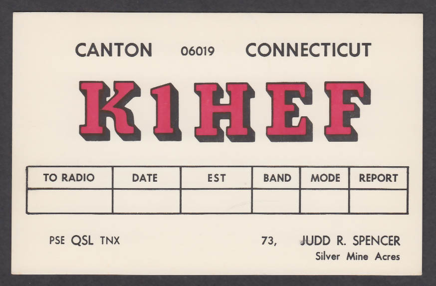 Image for K1HEF Judd Spencer Canton CT QSL postcard