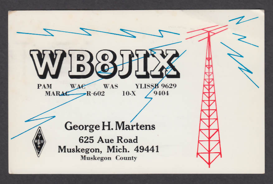 Image for WB8JIX George Martens 625 Aue Rd Muskegon MI QSL postcard 1976