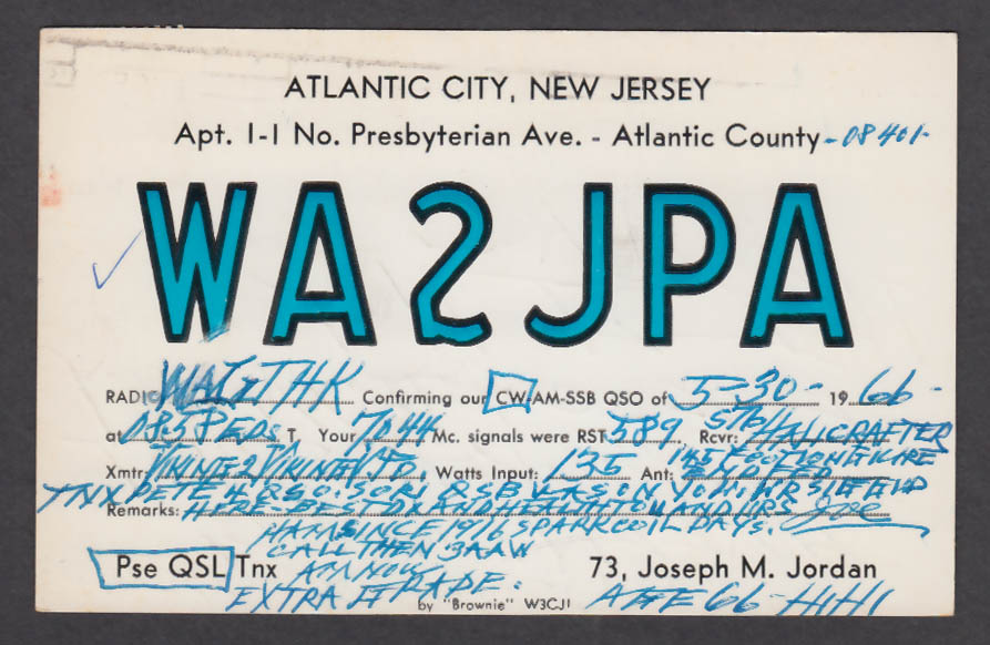 Image for WA2JPA Joseph M Jordan Atlantic City NJ QSL postcard 1966