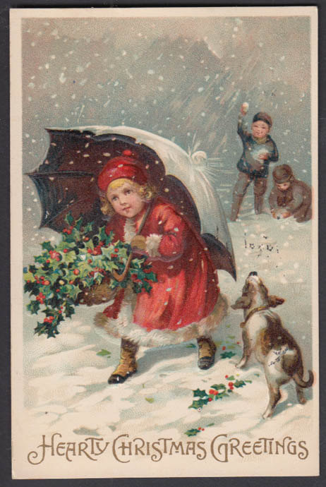 Image for Hearty Christmas Greetings postcard 1911 girl under umbrella with holly