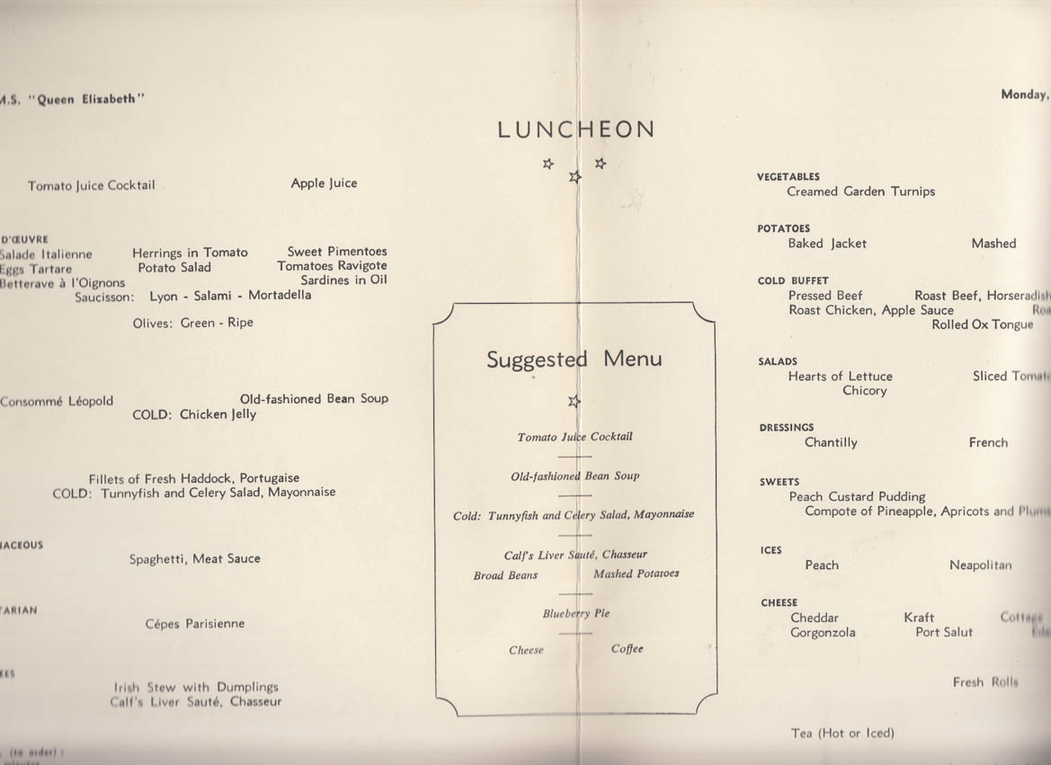 Cunard Line R M S Queen Elizabeth Luncheon Menu 8/11 1958 Cabin Class