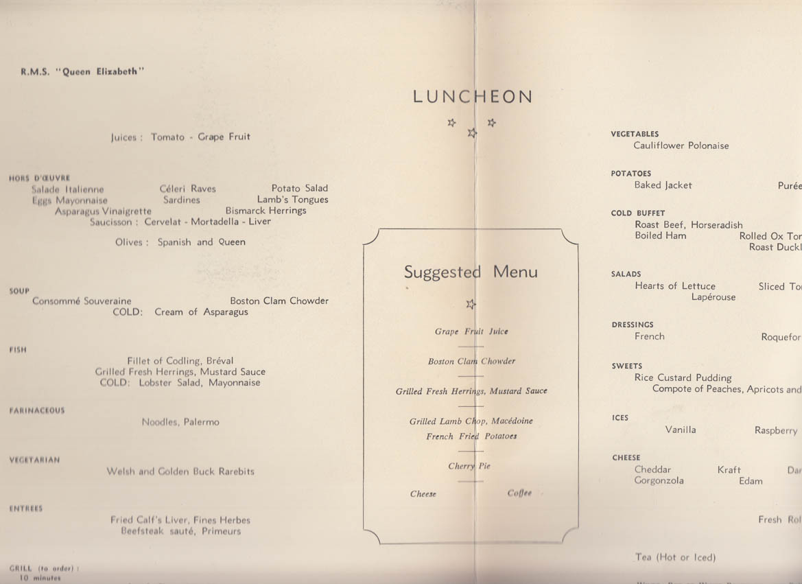 Cunard Line R M S Queen Elizabeth Luncheon Menu 8/8 1958 Cabin Class