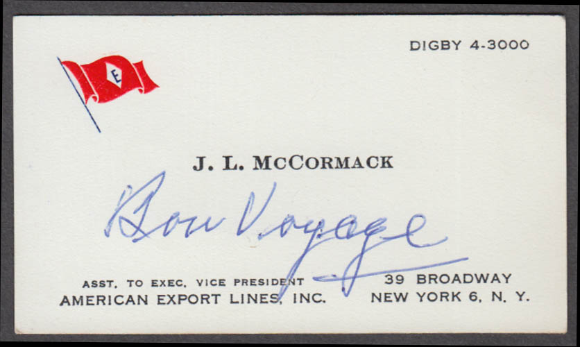 Image for American Export Lines J L McCormack business card 1950s