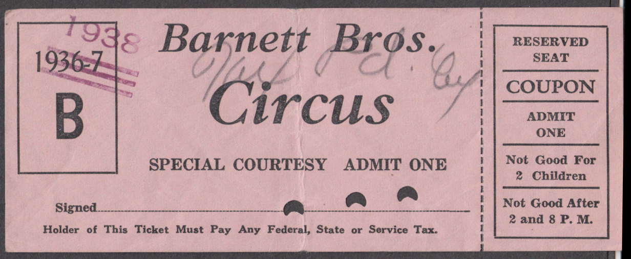 Image for Barnett Bros Special Courtesy Reserved Seat circus ticket 1938