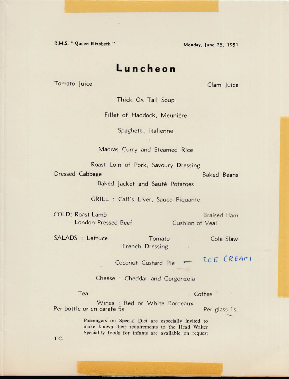 Cunard White Star R M S Queen Elizabeth Tourist Class Luncheon Menu 6/