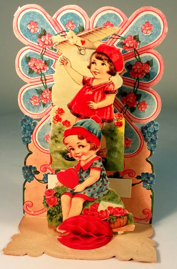 Image for To My Valentine stand-up card girls with hearts watch monoplane ca 1920s