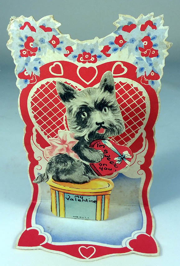 Image for I'm sweet on you stand-up Valentine schnauzer with heart-shaped box 1950s