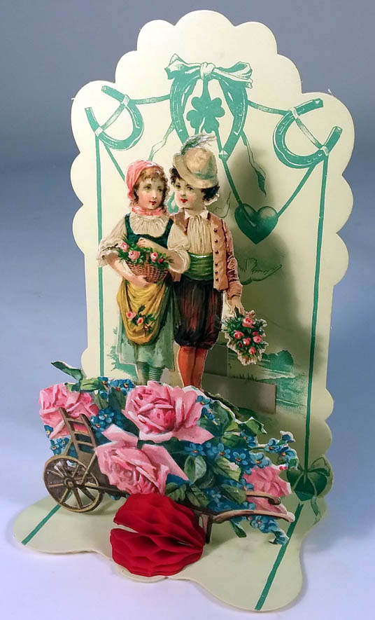 Image for To My Valentine stand-up card girl with basket boy & wheelbarrow ca 1910s
