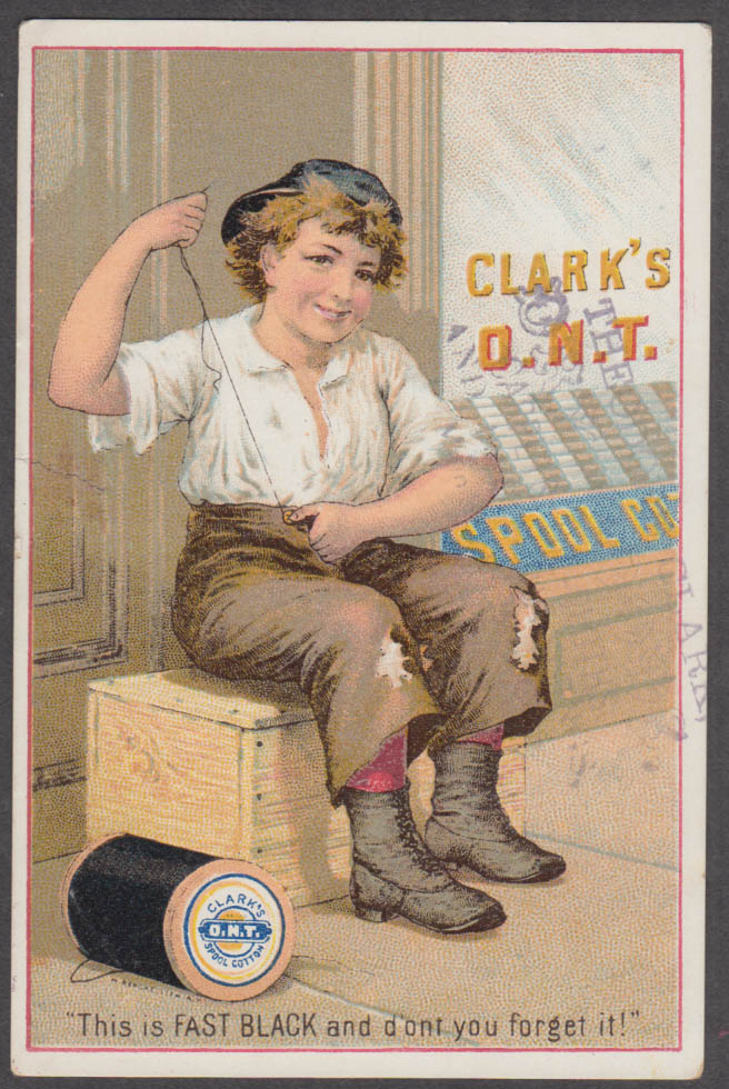 Image for Poor boy mends own clothes Clark's ONT Thread trade card 1880s