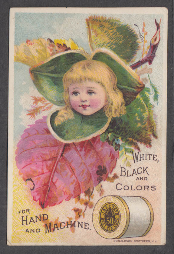Image for J&P Coats Thread White Black & Colors trade card 1880s girl as center of blossom