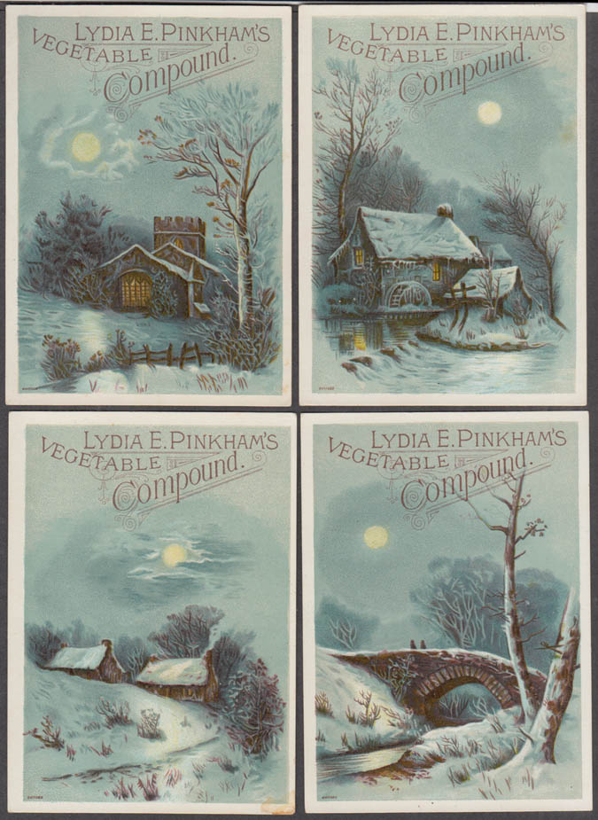 Image for Set of 4 Lydia E Pinkham's Vegetable trade cards 1880s winter scenes