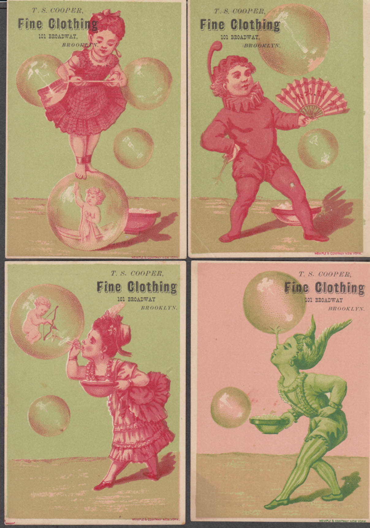 Image for FOUR T S Cooper Fine Clothing Brooklyn NY trade cards 1880s blowing bubbles
