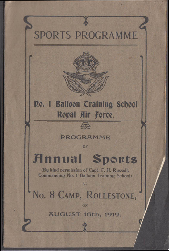 Image for #1 Balloon Training Camp RAF Sports Programme Rollestone 1919 UK