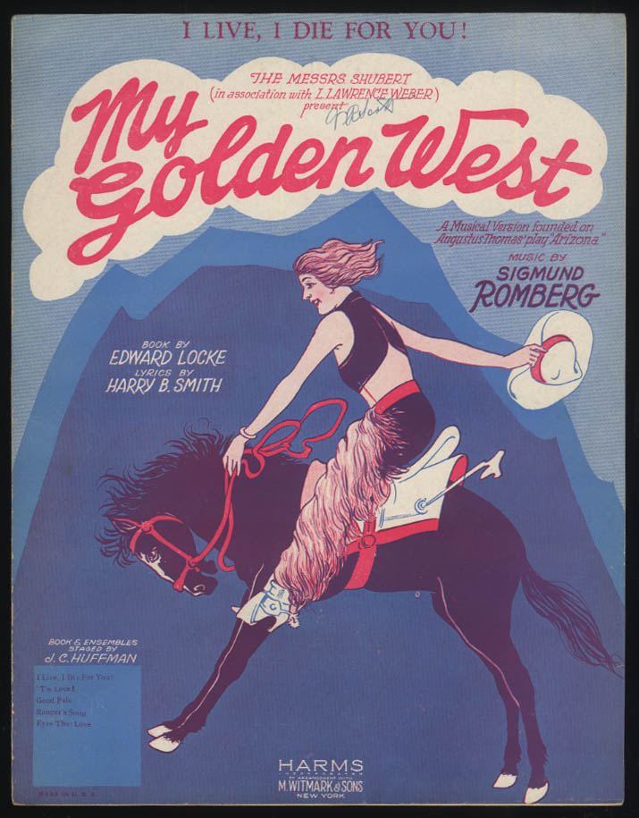 Image for I Live I Die for You! from My Golden West sheet music 1927 girl on bucking bronc