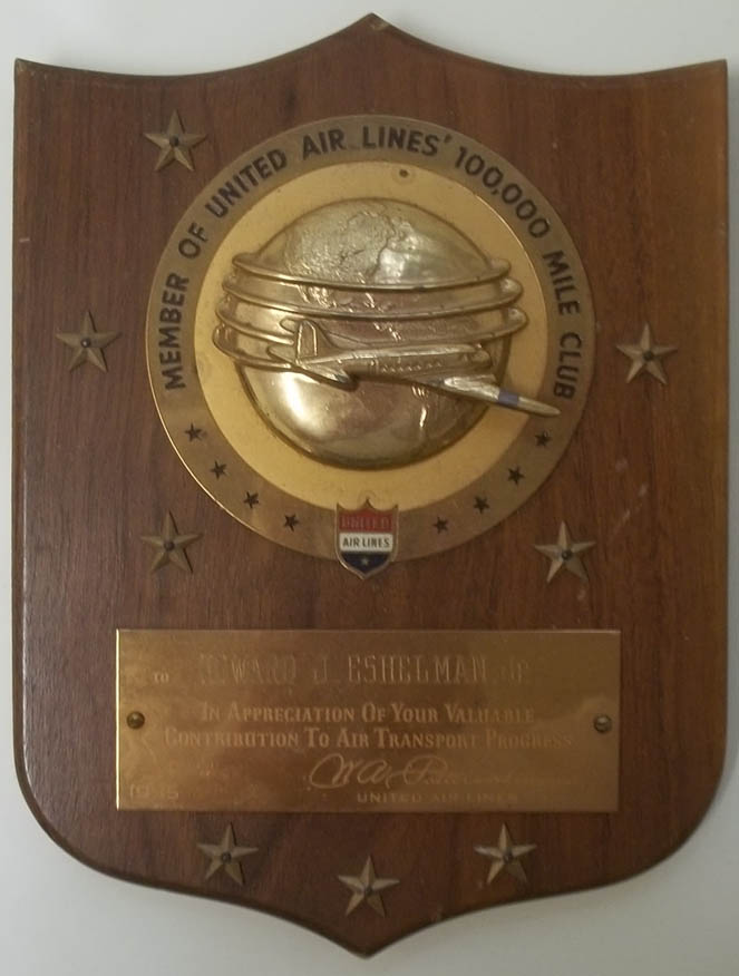 Image for United Air Lines 100,000 Mile Club Award Plaque 1955