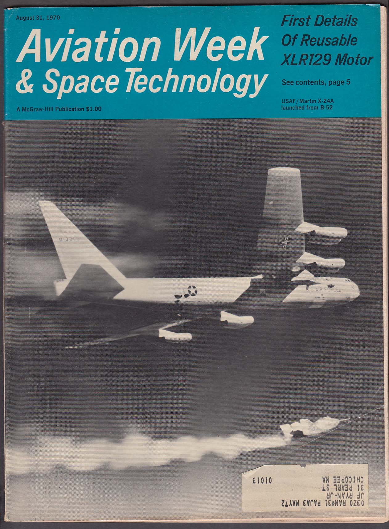 Image for AVIATION WEEK & Space Technology XLR129 X-24A B-52 AH-56A DC-10 ++ 8/31 1970