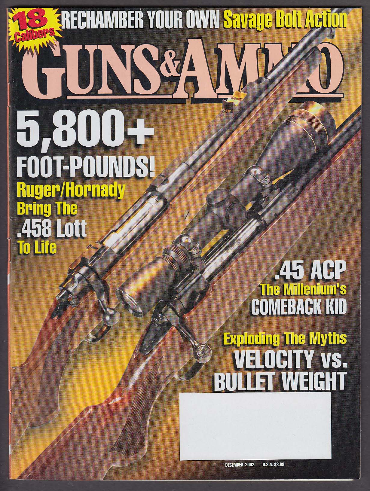 Image for GUNS & AMMO Ruger/Hornady .458 Lott .45 ACP Savage Bolt Action + 12 2002