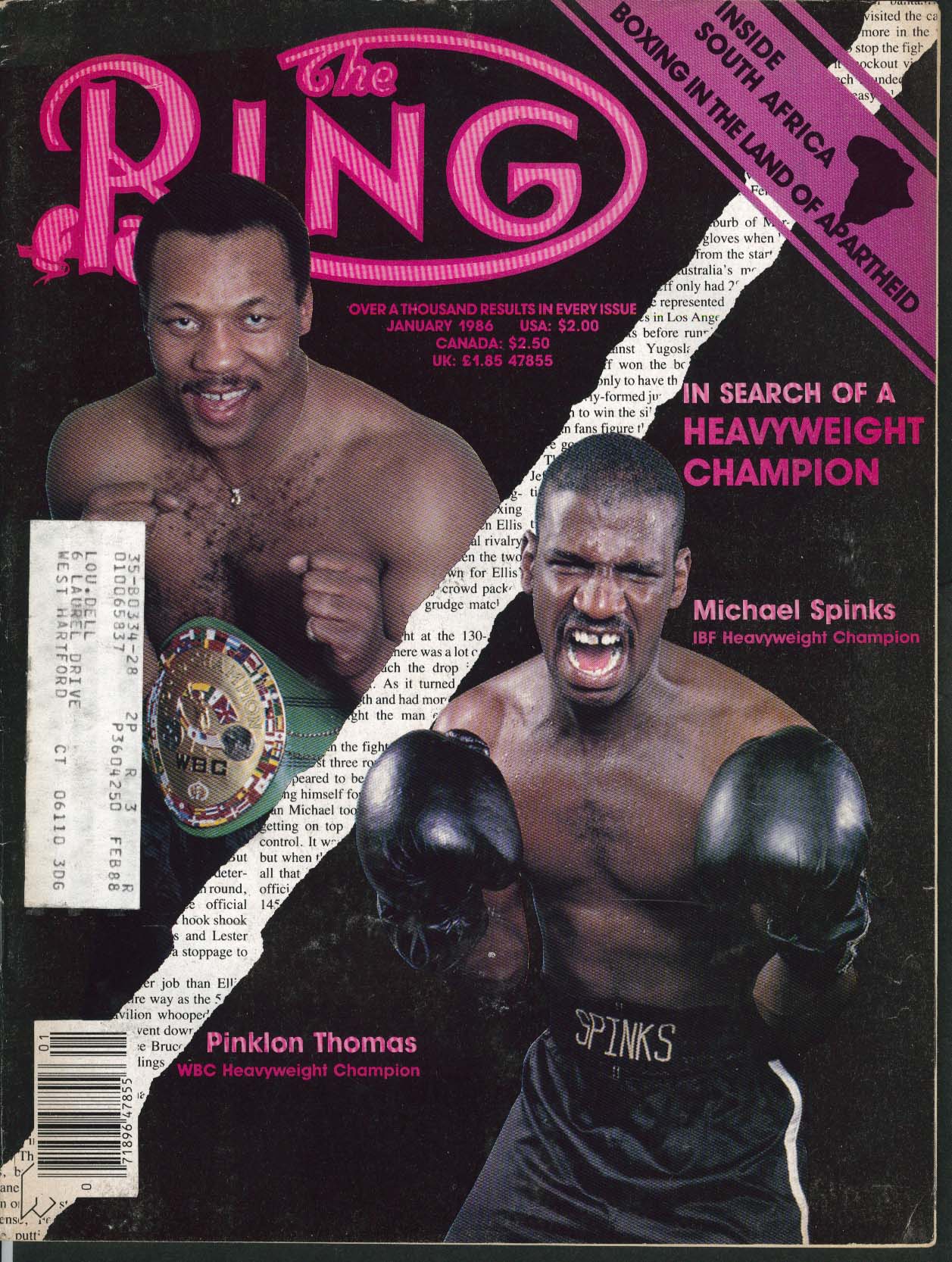 Image for RING South Africa Apartheid Boxing Michael Spinks Pinklon Thomas ++ 1 1986