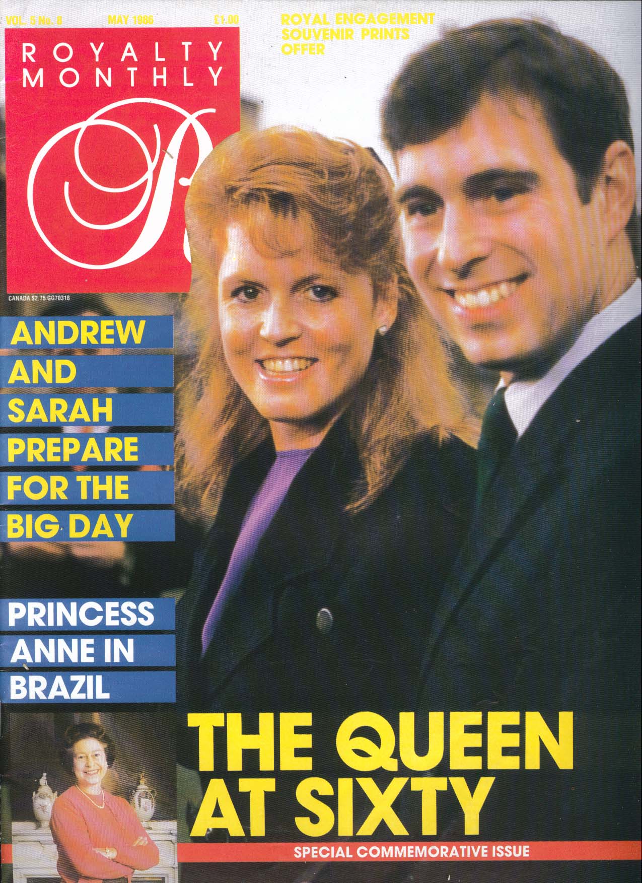 Image for ROYALTY MONTHLY Queen Elizabeth at 60 Andrew & Sarah Anne in Brazil 5 1986